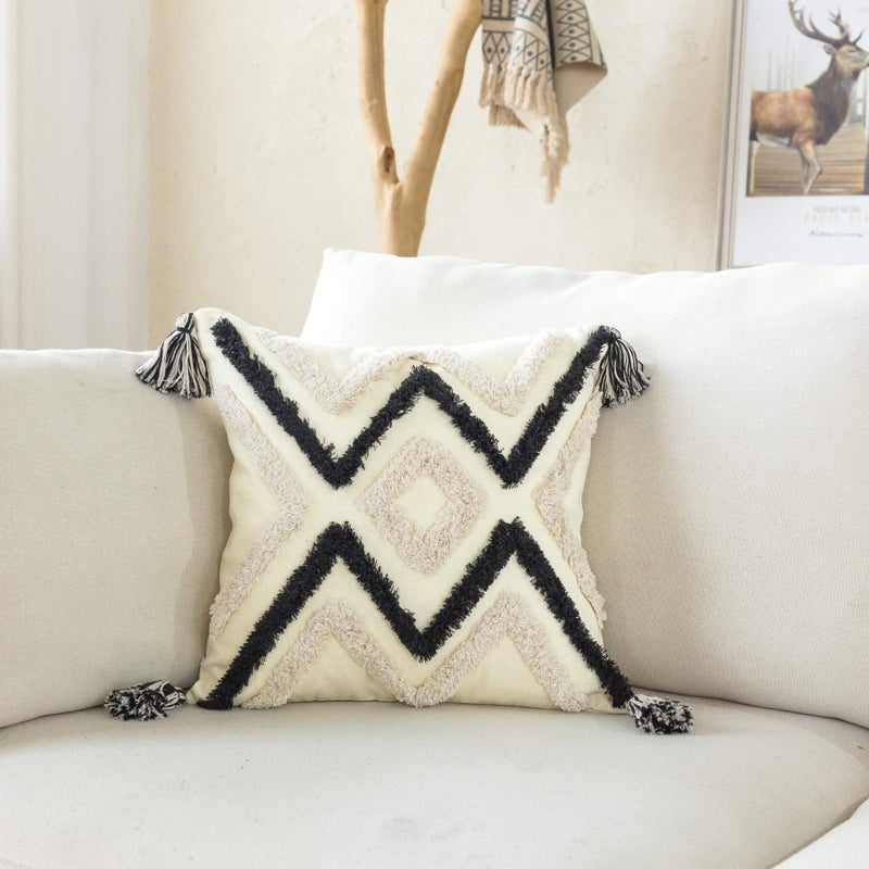 Snugtown Woven Tufted Boho Throw Pillow Cover, Modern Decorative Geometric Chevron Striped Cushion with Tassels, Farmhouse Tribal Pillowcases for Couch Sofa Bedroom Living Room, 18 x 18 Inches, Black, Ivory - Image 3
